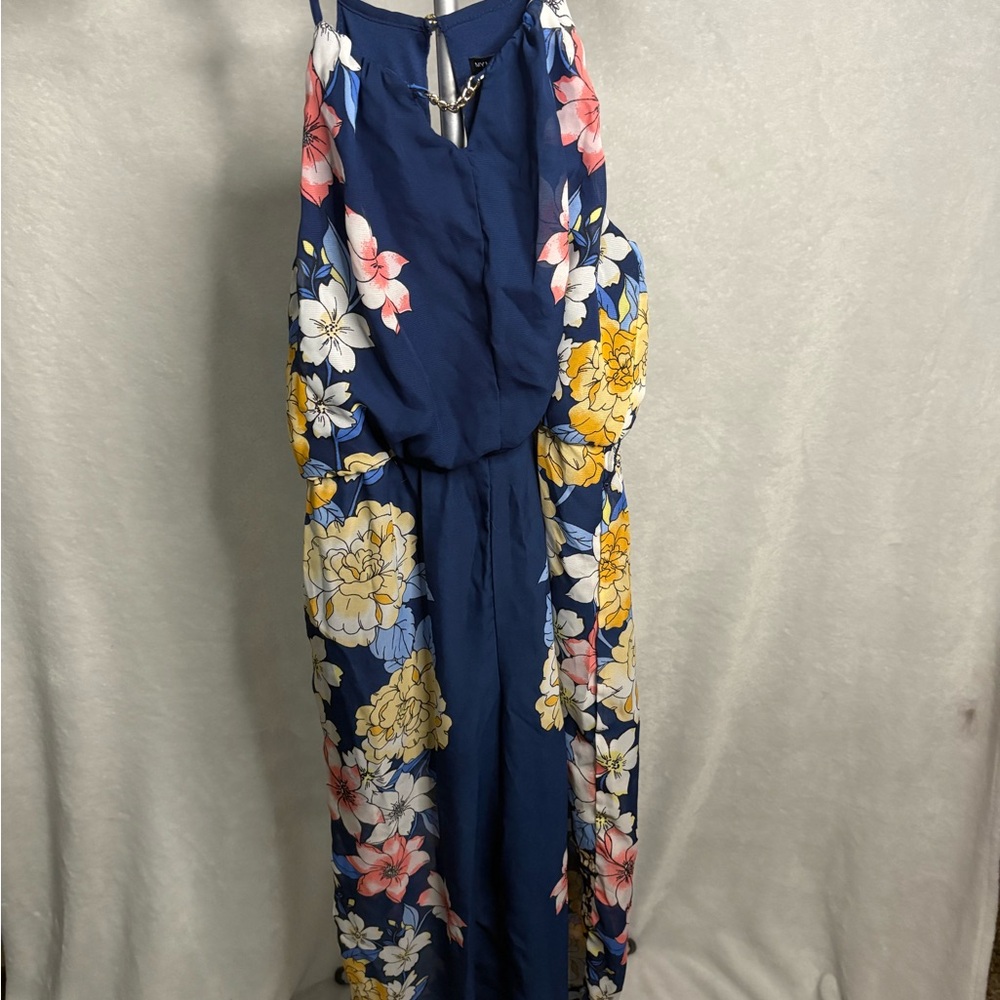 My Michelle Navy Floral Jumpsuit with Yellow & Pink Blossoms